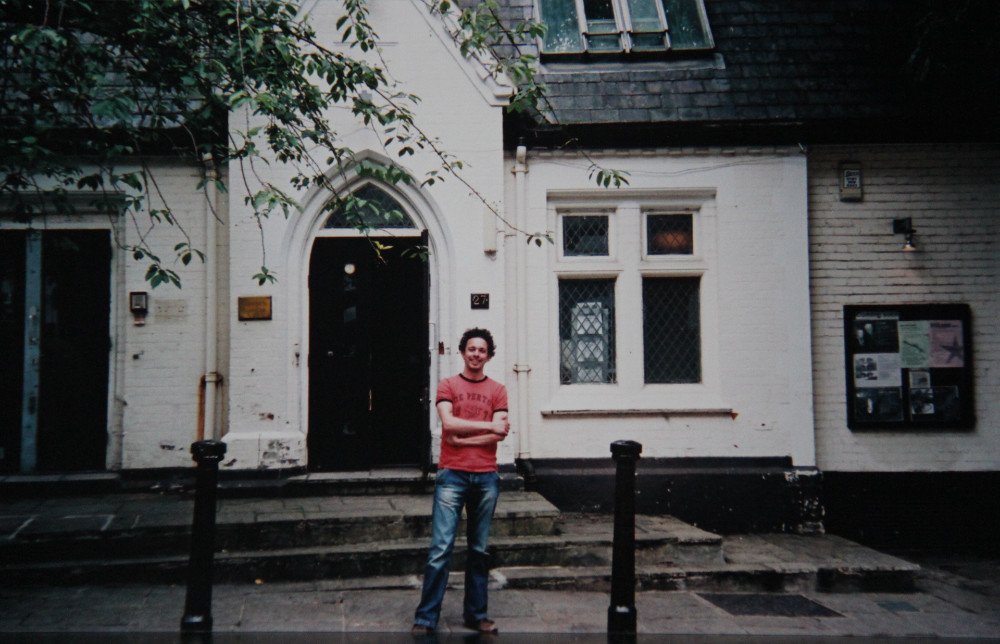 Elliot Mason outside the New End Theatre, Hampstead